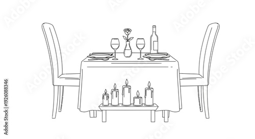 Romantic dinner setup with candles and wine for two