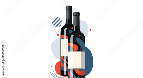Two wine bottles with unique abstract artistic labels are displayed against a modern geometric and colorful background.