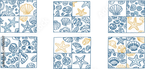 A collection of square tiles featuring various ocean creatures and seashells in blue and yellow hues arranged in a grid pattern