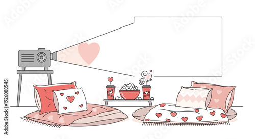 Cozy movie night for two with snacks and heart decor