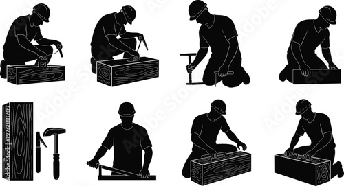 Black silhouettes of construction workers with tools and wood white background