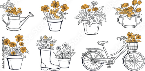 A black and white illustration of a bicycle surrounded by potted plants and gardening tools from a direct viewpoint.