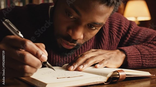 Man Writes in Journal at Desk Under Lamp