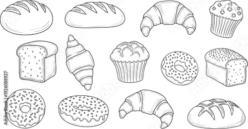 Assorted baked goods including bread, pastries, and desserts displayed together in a collection of line drawings.