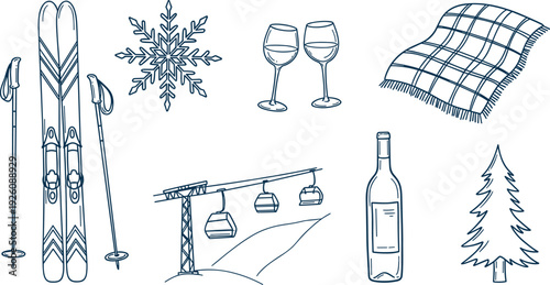 Relaxing winter getaway scene with skis, wine, and snowflake, illustrated from a casual viewpoint.