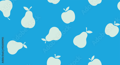 Seamless pattern displays white silhouettes of pears and apples scattered across a bright blue background for textile design.