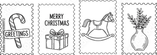 A set of four Christmas-themed postage stamps featuring a candy cane, gift box, rocking horse, and vase with flowers