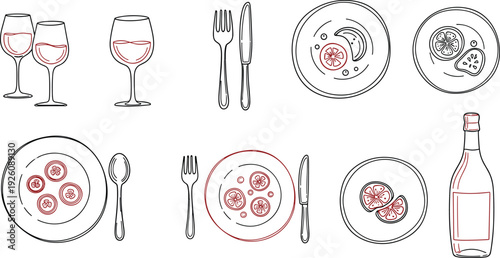 Fine dining table setting with wine glasses, plates, and cutlery arranged neatly, depicted in a minimalist illustration style