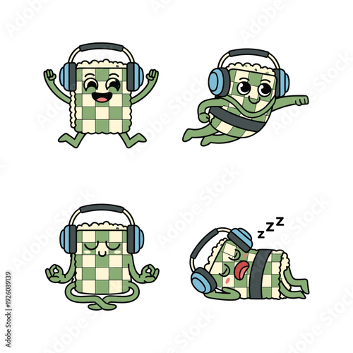 Cucumber character listening to music with headphones in different poses relaxed