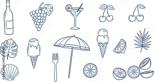A collection of summer-themed illustrations featuring food, drinks, and beach elements in a minimalist style from a straightforward viewpoint.