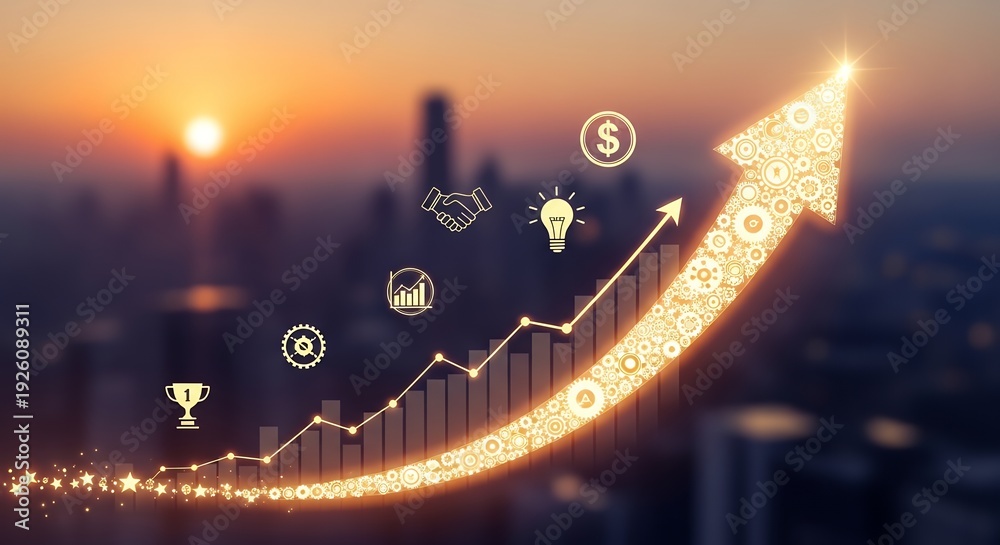 Fototapeta premium A glowing upward arrow with business icons ascends above a modern city at sunset.