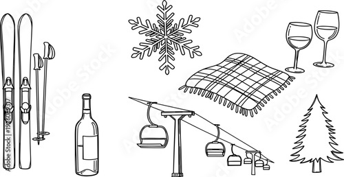 Skiing and après-ski elements including skis, wine, and snowflake against a plain background
