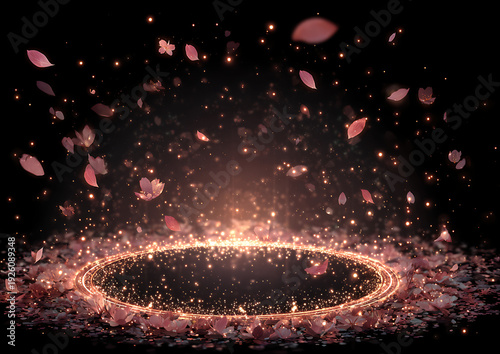 Fantasy pink circular frame with shining glitter, luminous particles and falling petals over dark black background