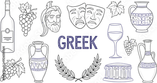 Ancient Greek culture illustration featuring wine, masks, and vases, showcasing traditional elements and artifacts in a detailed line art style from a straightforward viewpoint.