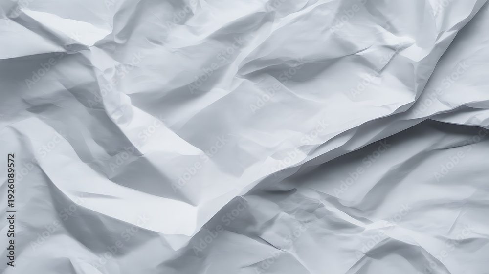 Fototapeta premium Wrinkled white paper sheet, textured surface with deep creases, light and shadow play