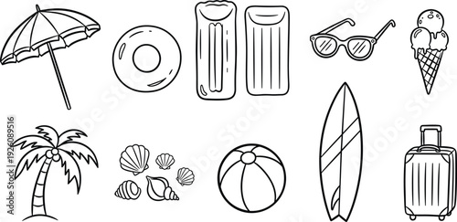 Collection of black and white illustrations depicting various beach and travel items on a neutral background