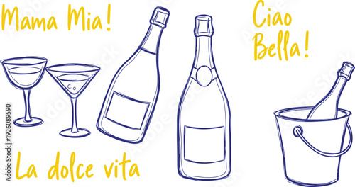 A vibrant illustration of wine glasses, bottles, and an ice bucket, celebrating la dolce vita with Mama Mia and Ciao Bella phrases