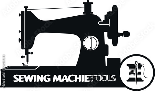 Black sewing machine with spool and thread on white background
