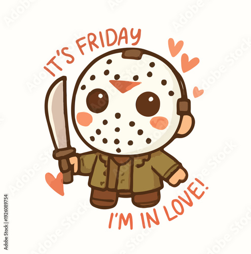 Adorable chibi version of the infamous slasher holding a massive knife celebrating friday happiness in love