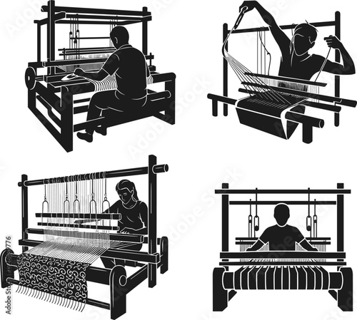 Black and white of people working on looms weaving textile fabric traditional