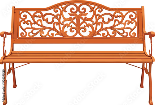 Orange metal bench with floral ornate