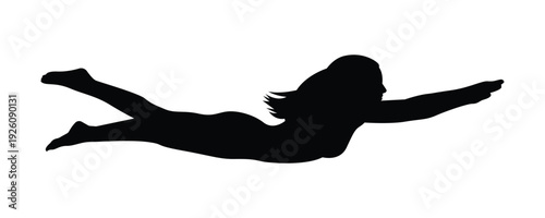 Flying superwoman silhouette pose, black female hero figure isolated on transparent background.