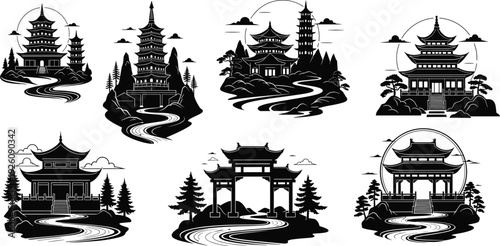 Black and white asian pagoda buildings with trees and winding roads asian architecture