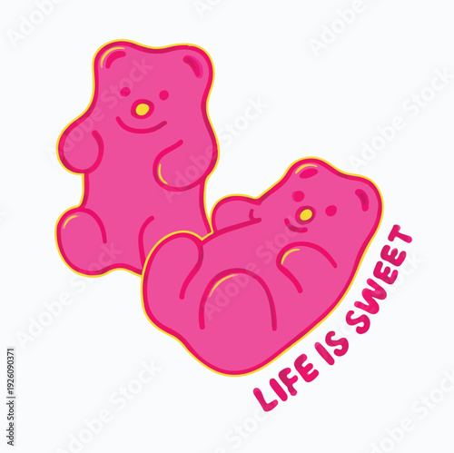 Two adorable pink gummy bears happily illustrate a sweet life, embodying joy and deliciousness with their cheerful presence.