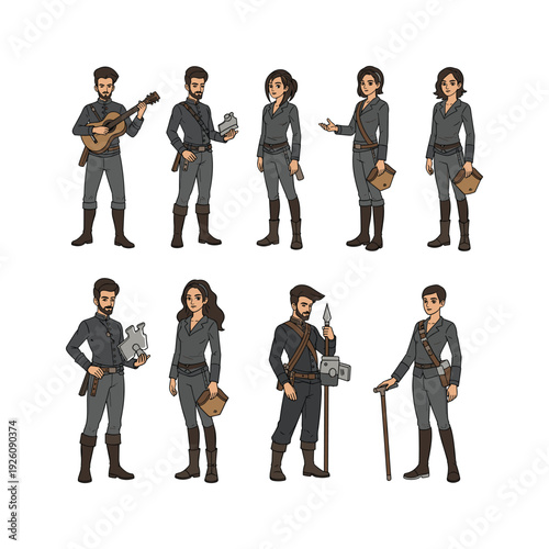 Diverse group of cartoon musicians and artists in gray outfits with various instruments and art supplies