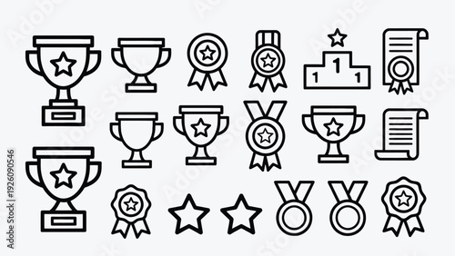 Award icon set. Includes trophies, medals, stars, certificates. Created in line style with black and white palette.