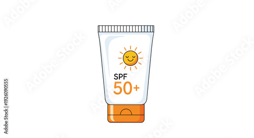 Tube of SPF 50+ sunscreen cream with a happy sun mascot is displayed on a white background for sun protection concepts.