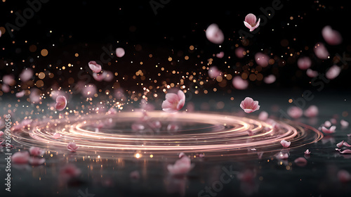 Glowing pink round frame with glitter sparkles and floating petals on pure black background, fantasy animation design
