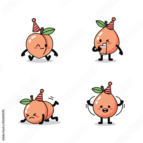 Cartoon peaches celebrating with party hats on a white background