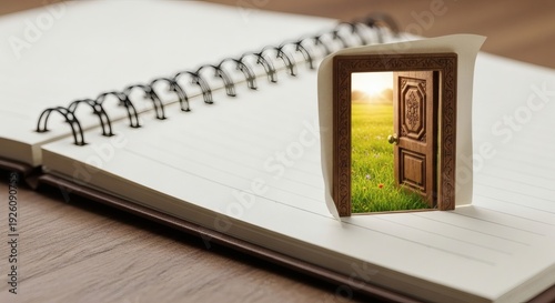 Conceptual Open Door on Blank Notebook Page Leading to Sunny Field