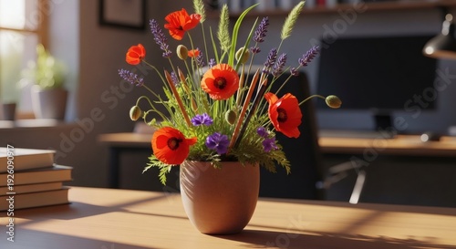 Vibrant Wildflower Bouquet with Poppies and Pencils in Home Office