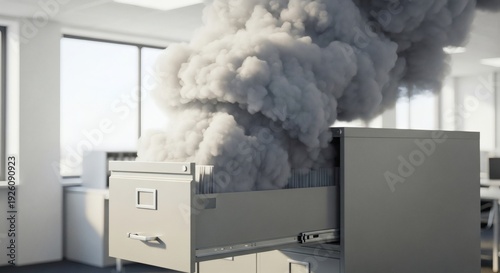 Conceptual Smoke Billowing from Open Office Filing Cabinet Drawer