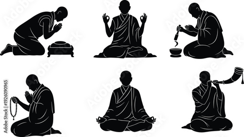 Black silhouettes of monks in various meditation and prayer positions white background