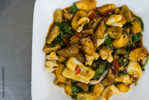 Wallpaper Mural Stir fried mushroom and seafood with chili paste on the dish Torontodigital.ca