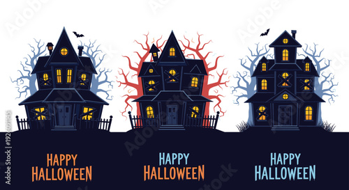Collection of three spooky haunted houses for Halloween is shown with bare trees, bats, and festive greeting text.