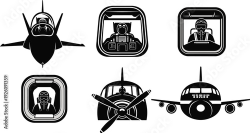 Black and white airplane with pilots and cockpits fighter jet propeller plane airliner