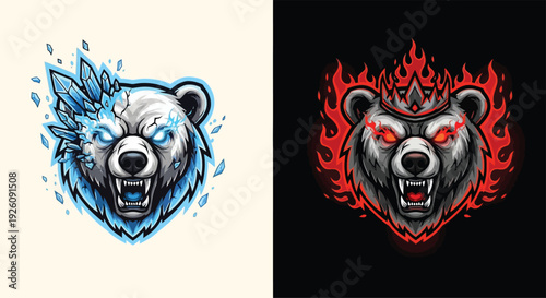 Fierce white bear head mascot with glowing blue eyes and icy crystals, roaring with power and cold energy.