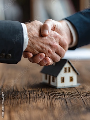 Real Estate Deal Handshake with Miniature House