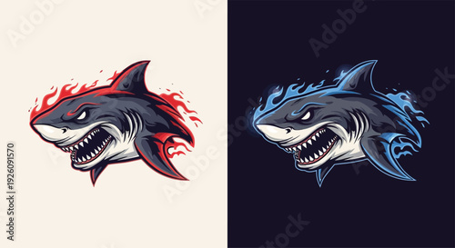 Two aggressive shark mascots with fiery red and icy blue energy effects, ideal for sports teams or gaming logos.