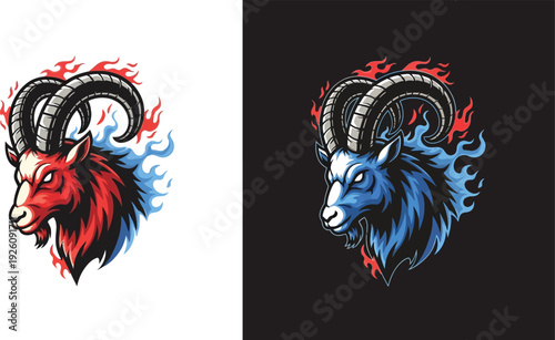 Fierce red goat head mascot with blue flames and aggressive expression on white background.