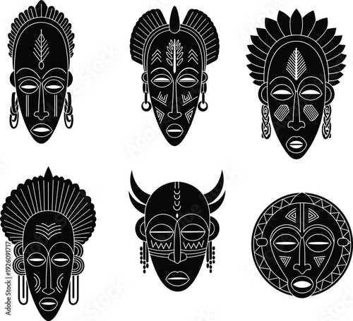 African tribal masks in black and white