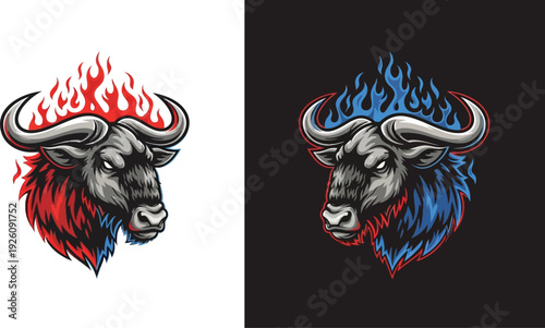 Two stylized bull heads with fiery horns, one with red flames on white and the other with blue flames on black, depicting powerful animal mascots.