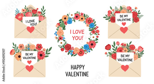 Set of Valentine-s Day illustrations features floral envelopes with romantic messages and a colorful heart-shaped wreath.
