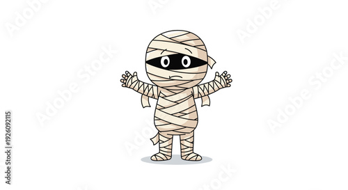 Friendly cartoon mummy character with big eyes stands with its arms open in a cute and welcoming pose for Halloween.