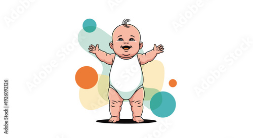 Happy baby wearing a white bodysuit stands with arms open and a joyful smile against a colorful abstract background.