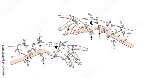 Pair of reaching hands are entwined with leafy vines and adorned with celestial symbols like moons and stars on a white background.